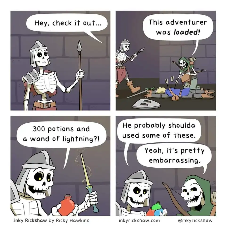 A four-panel comic strip featuring two skeleton characters in a dungeon. The first panel shows a skeleton holding a spear…