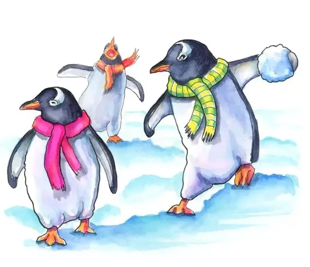 Three cartoon penguins stand on snowy ground, each wearing a brightly colored scarf — pink, orange, and green — to stay…