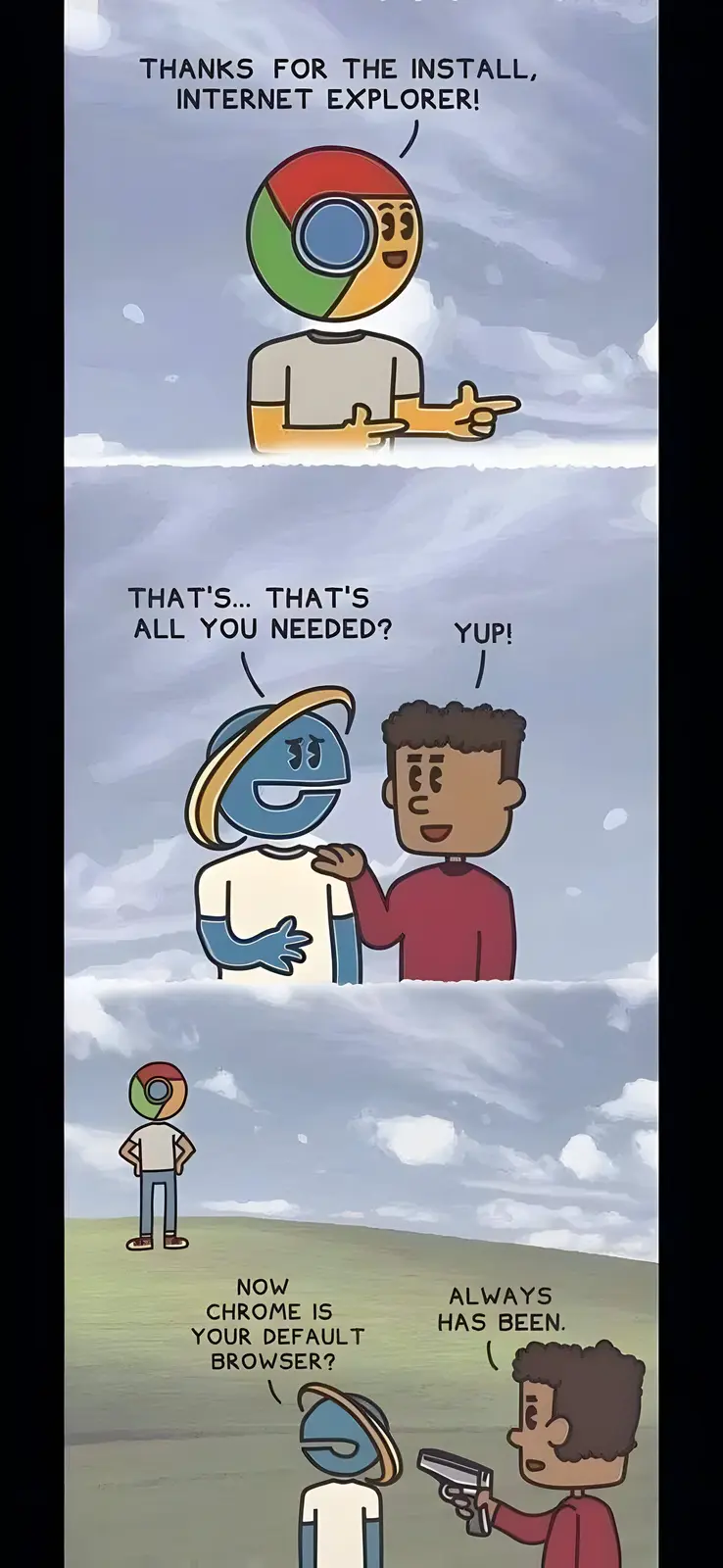 A three-panel comic strip shows Chrome and Internet Explorer as cartoon characters. In the first panel, Chrome thanks…