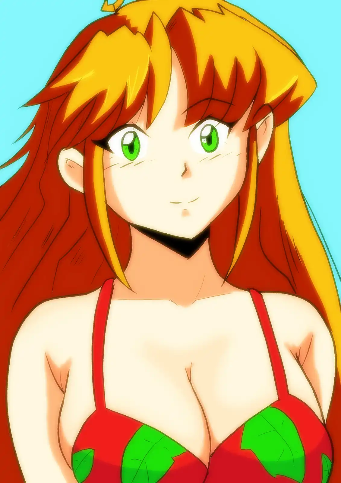 An anime-style illustration of a woman with long orange hair and green eyes, wearing a red bikini top adorned with green…