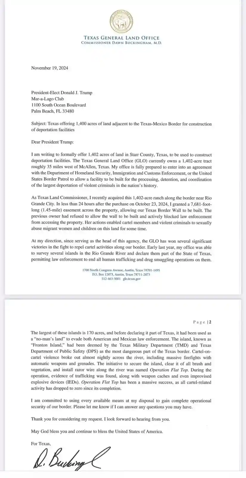 A formal letter from the Texas General Land Office, dated November 19, 2024, addressed to President-Elect Donald J. Trump…