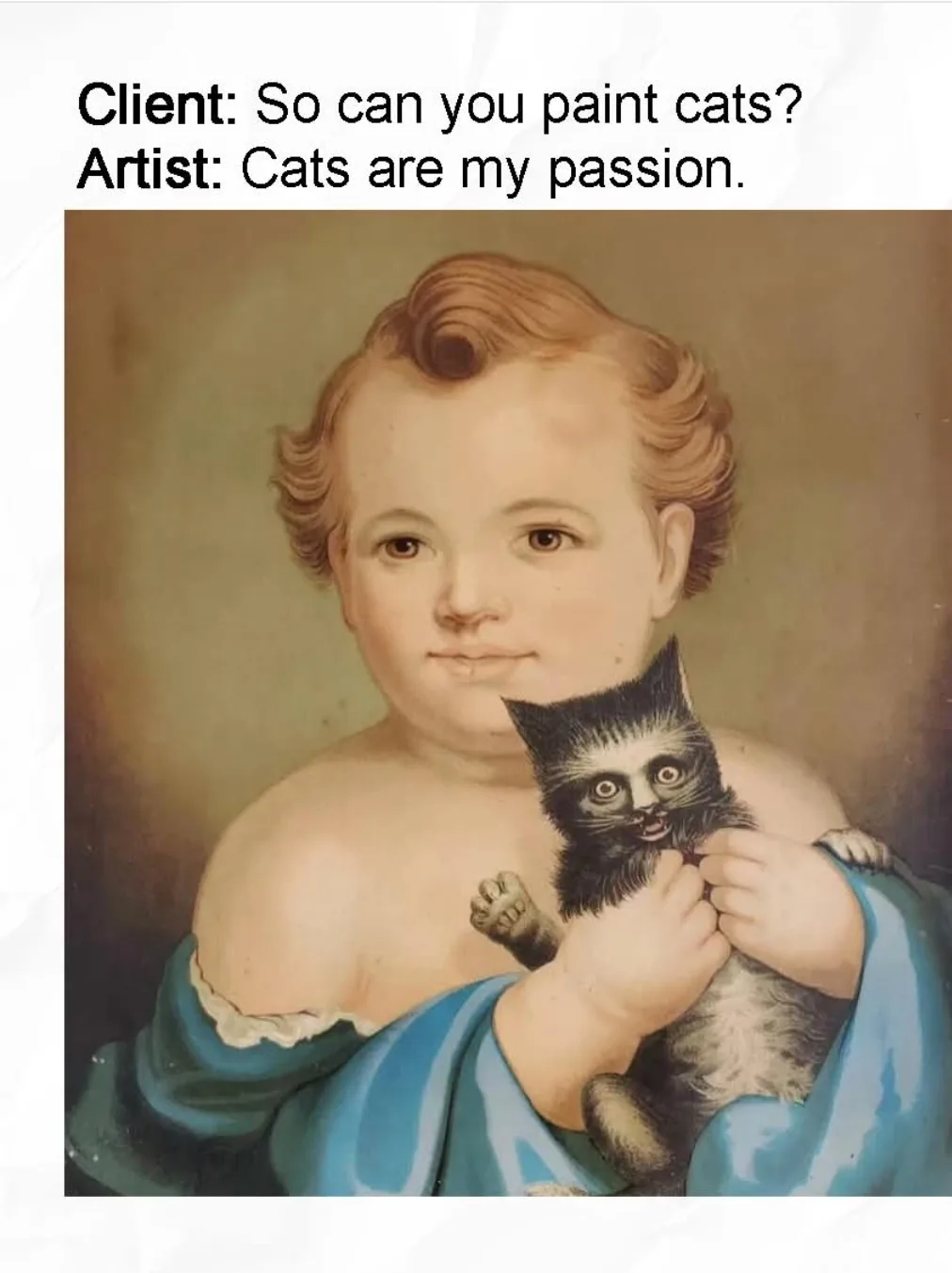 A classical portrait of a young child in a blue robe holding a small black-and-white kitten. The kitten has a comically…