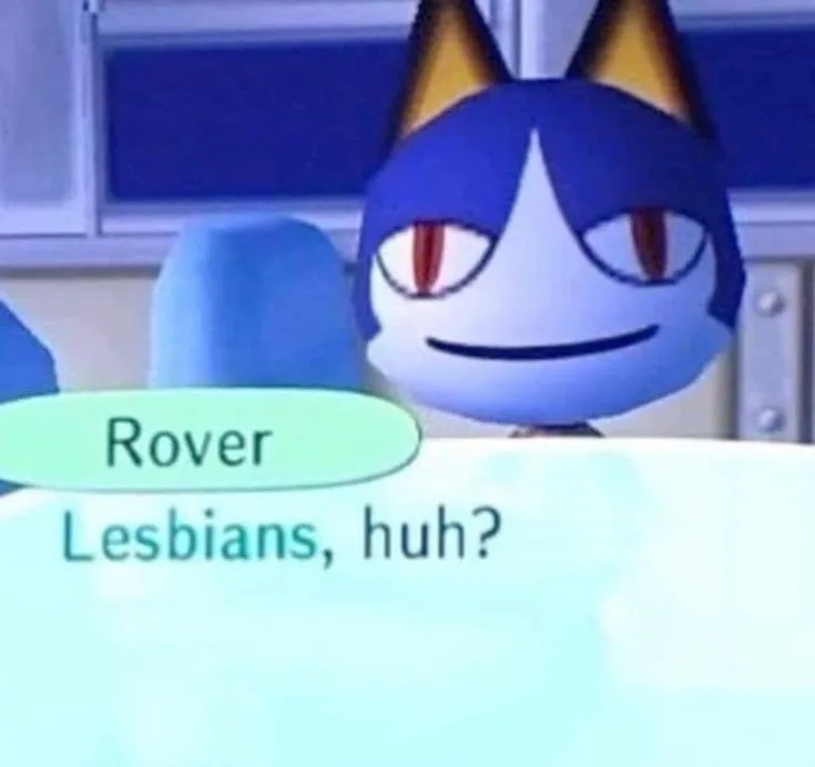 A blue cat-like character from Animal Crossing with a smug, knowing expression is shown in a game dialogue box. The text…