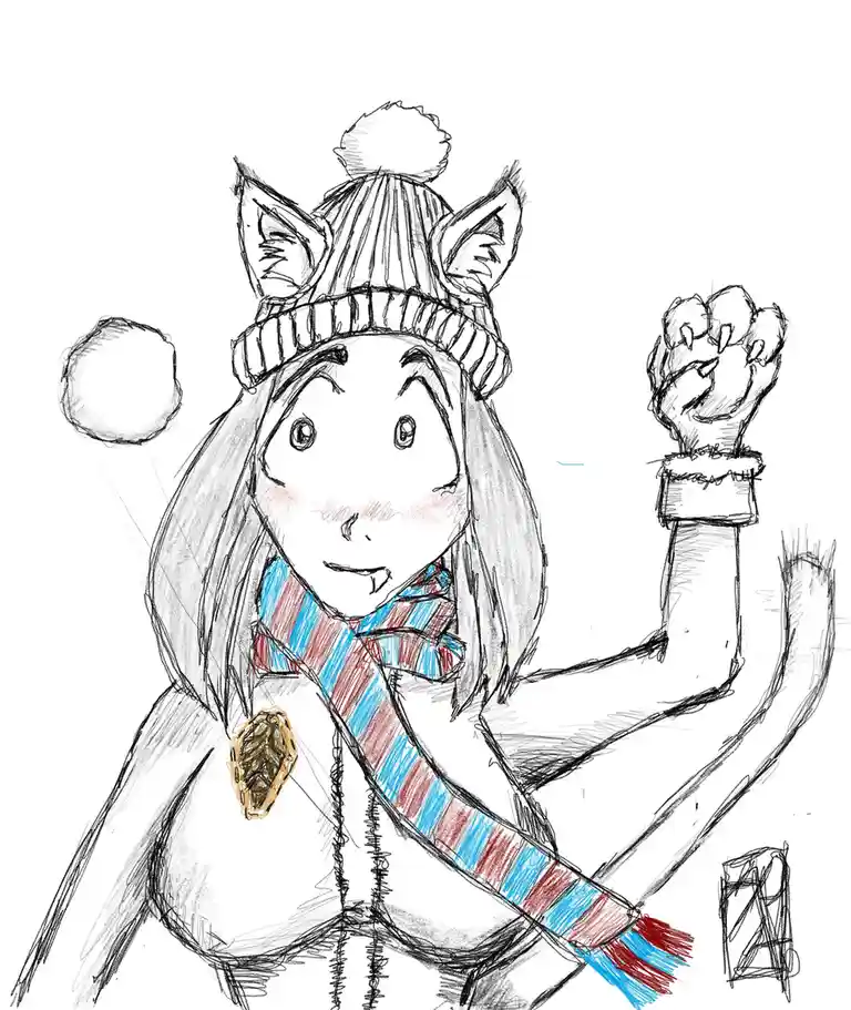 A hand-drawn anime-style girl with cat ears and a fluffy pom-pom hat is shown wearing a striped scarf and a jacket with a…