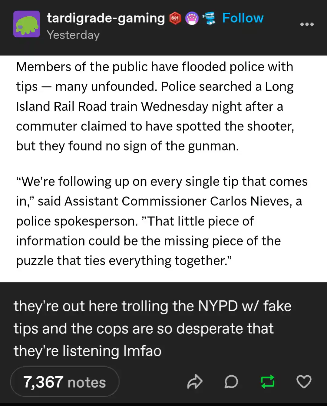 A screenshot of a social media post showing a news article about police searching a Long Island Rail Road train after a tip…