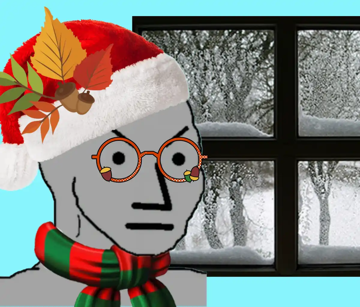 A cartoon character with a stern expression wears a red and white Santa hat decorated with autumn leaves and acorns, round…