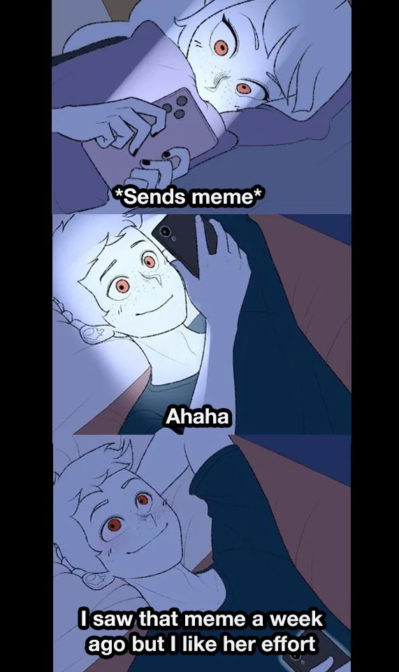 A three-panel anime-style meme showing a person in bed sending a meme, another person laughing at it, and then the sender…