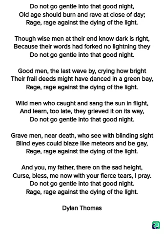 The image displays the full text of Dylan Thomas's poem 'Do Not Go Gentle Into That Good Night' in black serif font on a…