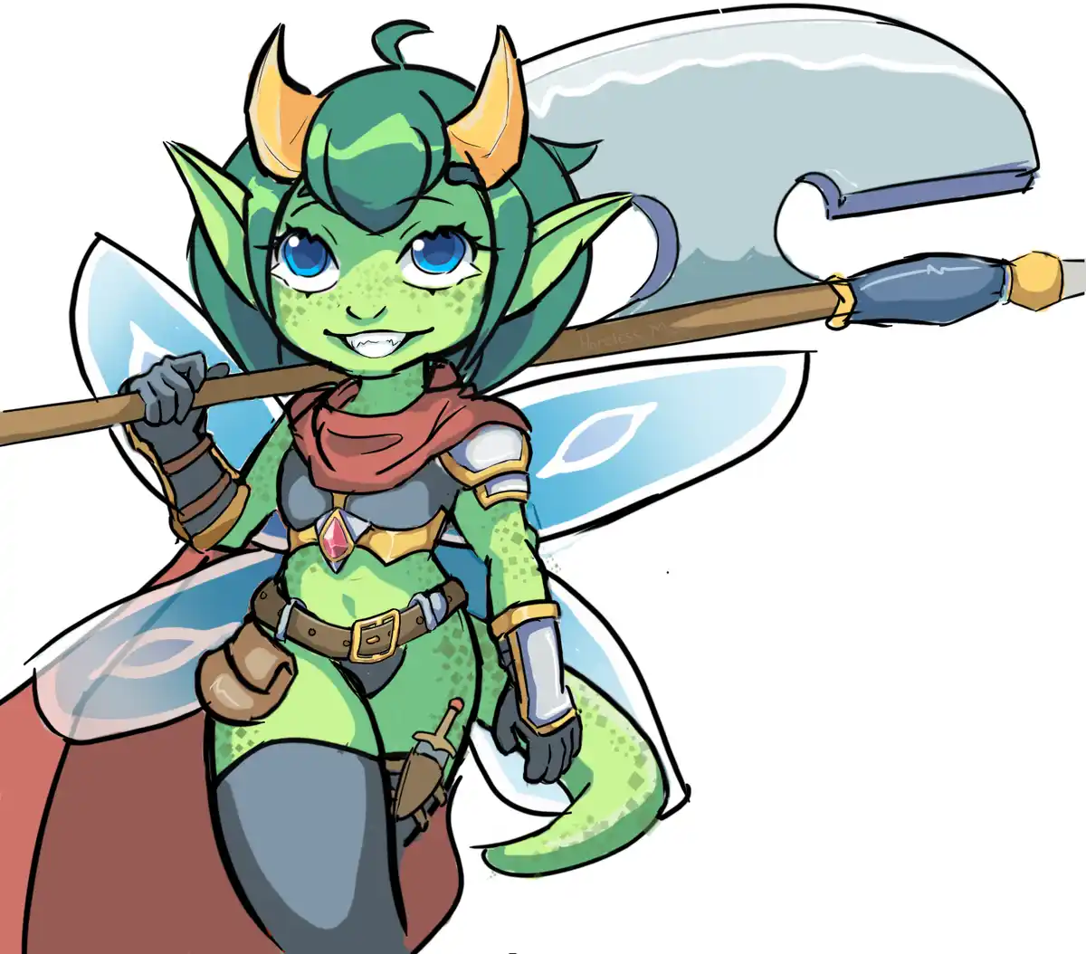 A green-skinned, chibi-style fantasy character with horns, pointed ears, and a dragon-like tail, wearing armor and a cape…