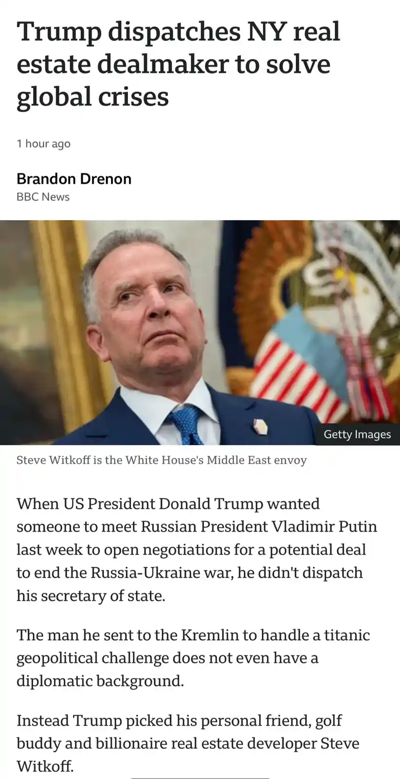 A screenshot of a BBC News article shows a photo of Steve Witkoff, a man in a suit and tie looking upward with a serious…
