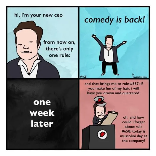 A four-panel comic strip shows a new CEO announcing a single rule: 'comedy is back!' The next panel reveals the rule is…