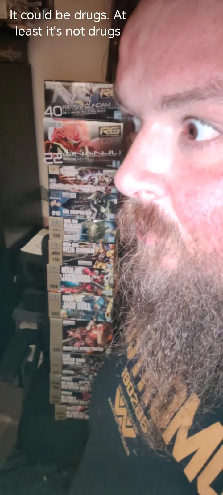 A close-up profile shot of a man with a long beard, looking sideways, next to a tall stack of Gundam model kits. The text…