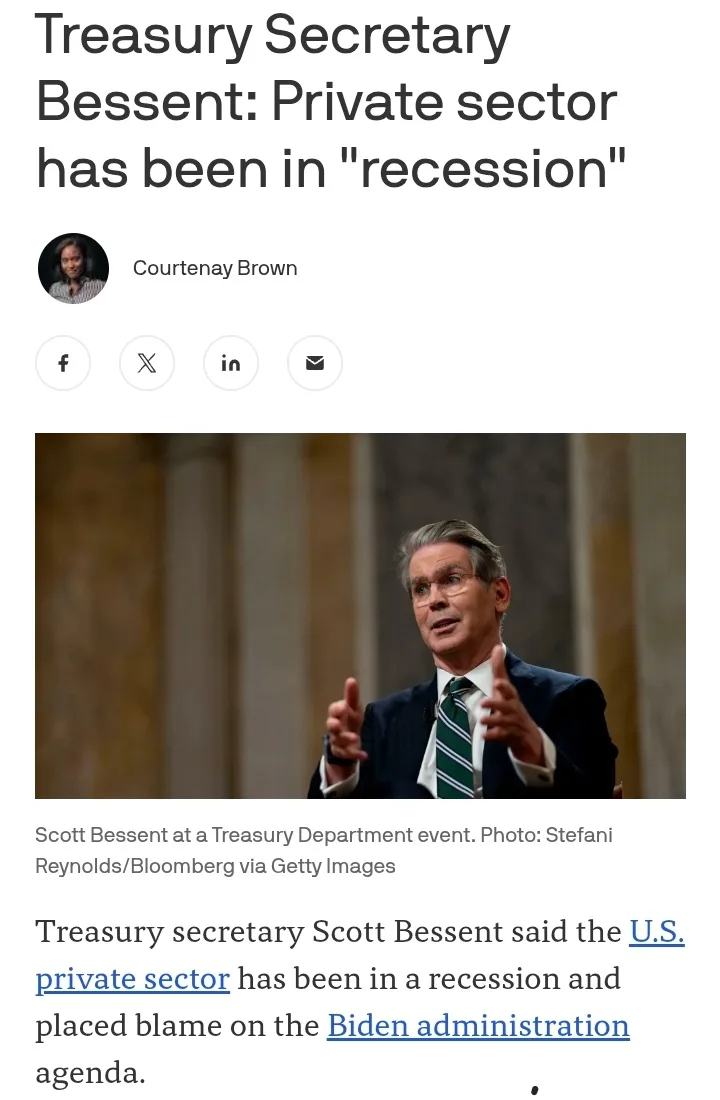 A screenshot of a news article shows Treasury Secretary Scott Bessent speaking at an event, gesturing with both hands. The…