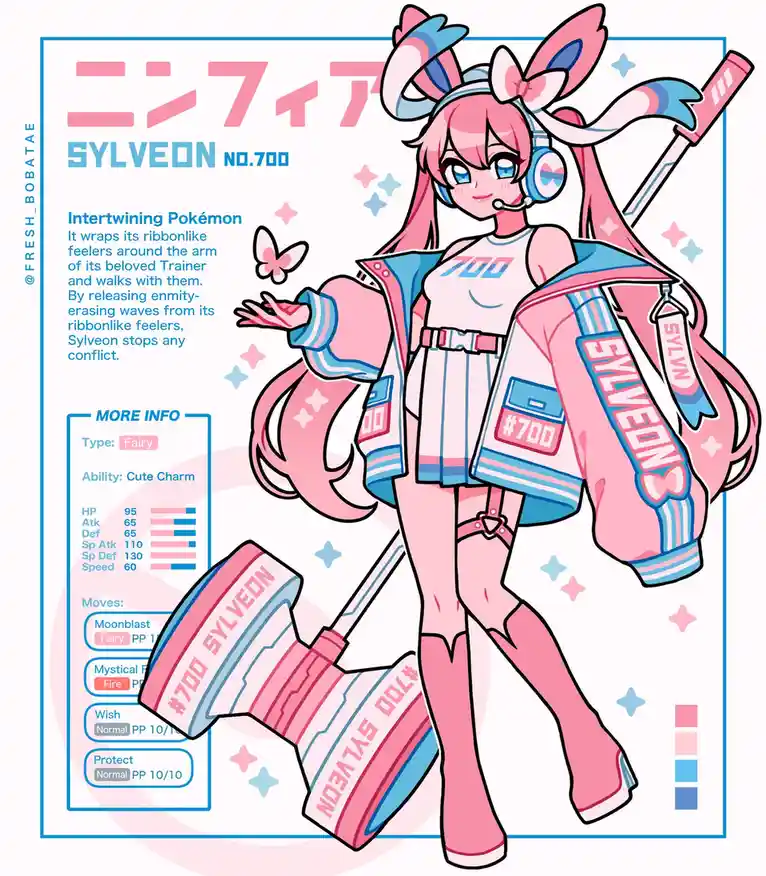 A stylized anime girl with pink hair and bunny ears, wearing a pink and blue jacket with 'SYLVEON #700' branding…