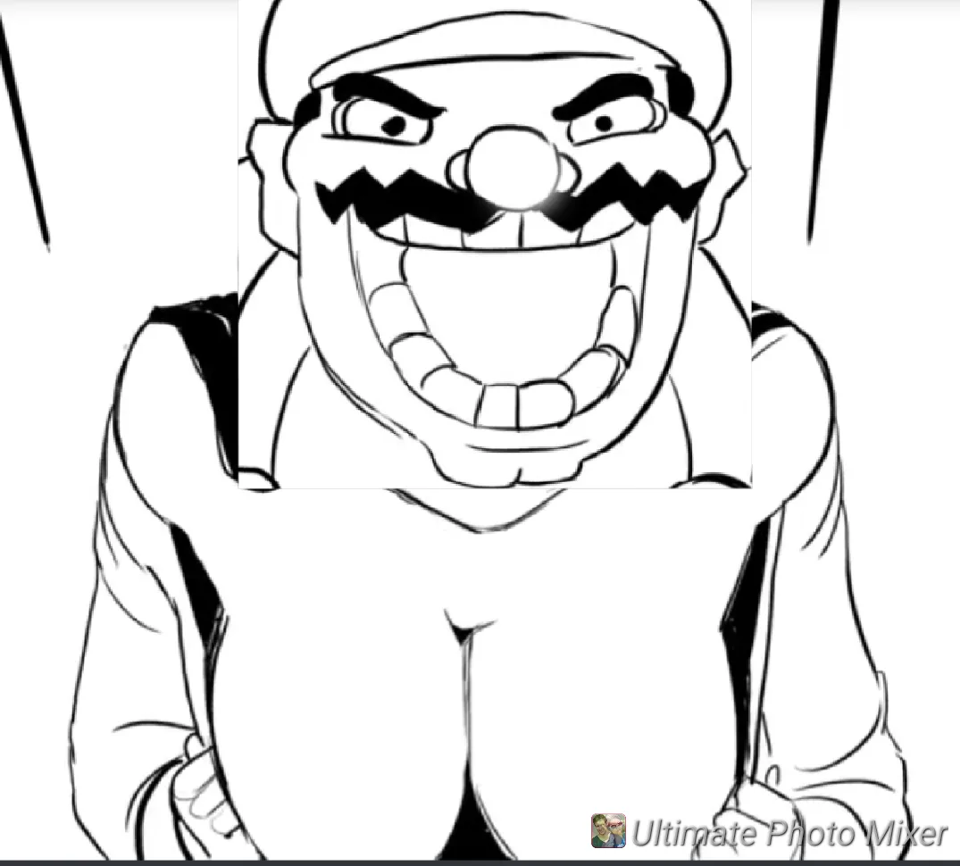 A black-and-white line drawing shows a muscular, shirtless man with a wide, toothy grin and intense eyes. His head is…