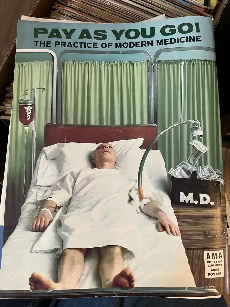 A vintage-style poster depicts a man in a hospital bed with an IV drip on one side and a tube on the other side feeding…