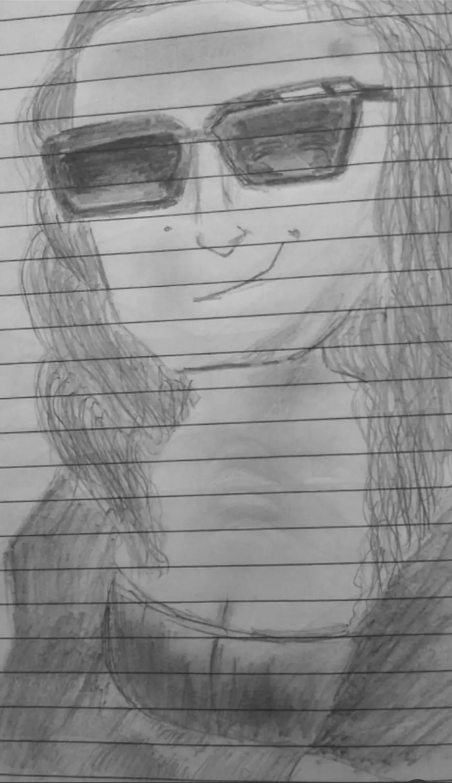 A hand-drawn pencil sketch on lined notebook paper depicts a person with long hair, wearing large sunglasses and a simple…