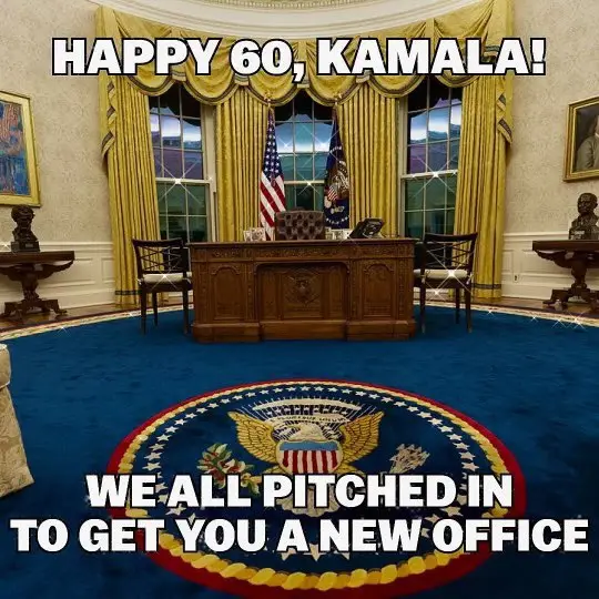 The image shows the Oval Office with its iconic blue carpet, presidential seal, wooden desk, and yellow drapes. Overlaid…