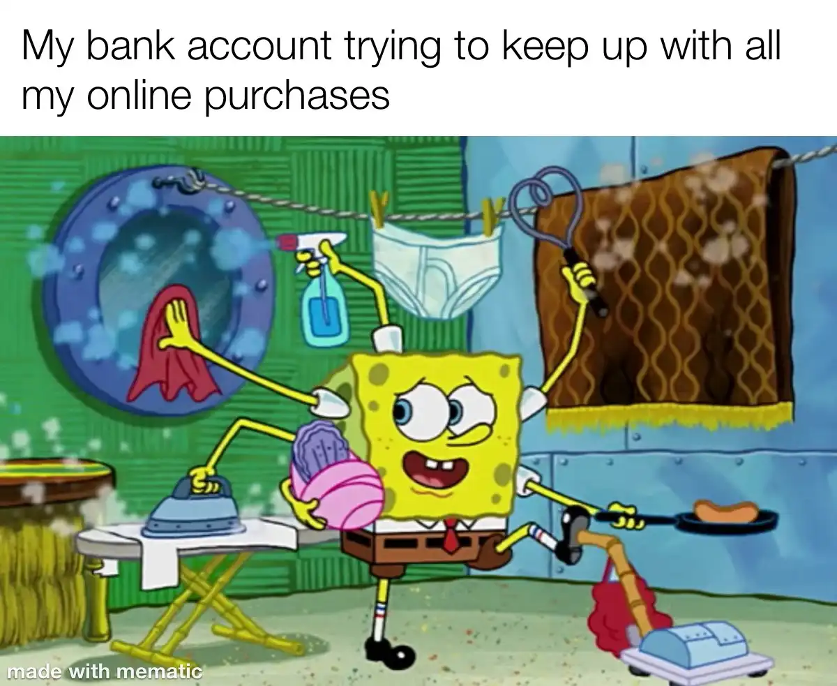 SpongeBob SquarePants is depicted multitasking with multiple arms, simultaneously ironing, cleaning a window, holding a…
