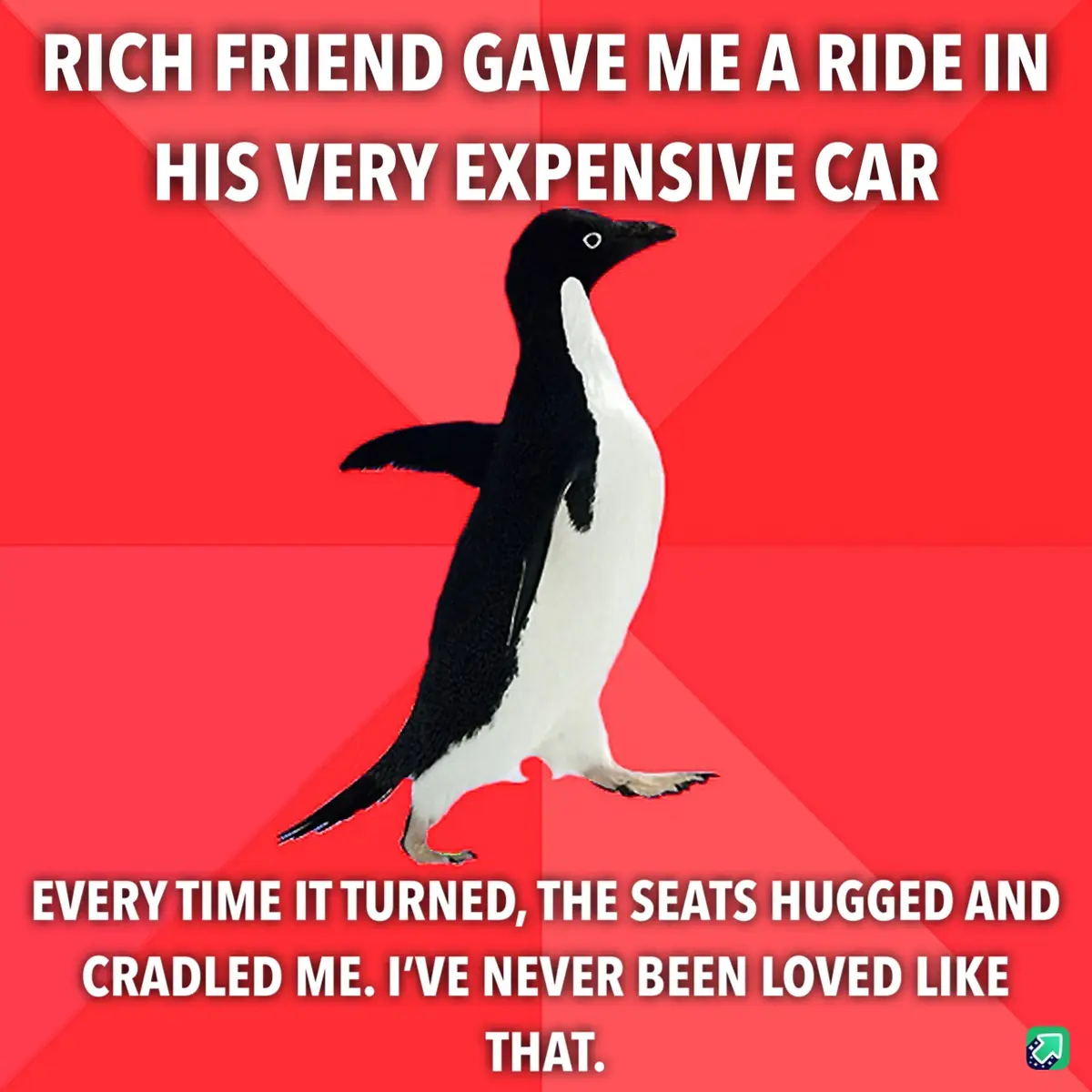 A black-and-white penguin stands against a red background with diagonal stripes. The text at the top reads 'RICH FRIEND GAVE…