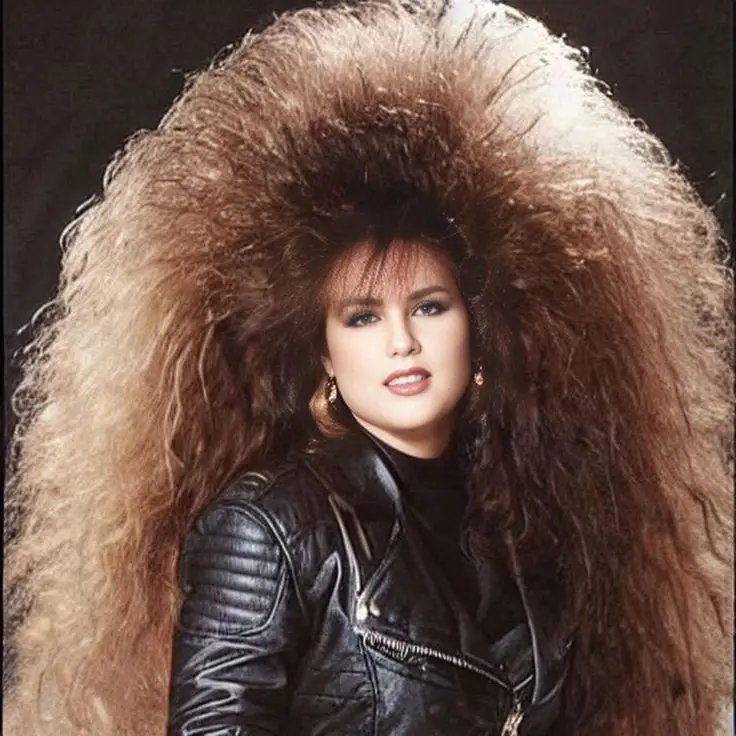 A woman with extremely voluminous, teased, and curly brown hair that fans out dramatically around her head, wearing a black…