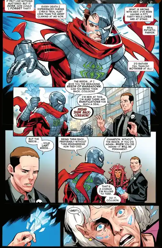 A comic panel featuring a grieving armored Spider-Man, who is emotionally overwhelmed by loss, as he confronts a man in a…