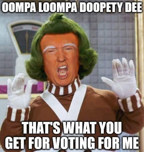 A person with a digitally altered face resembling Donald Trump, wearing a brown and white striped Oompa Loompa costume with…