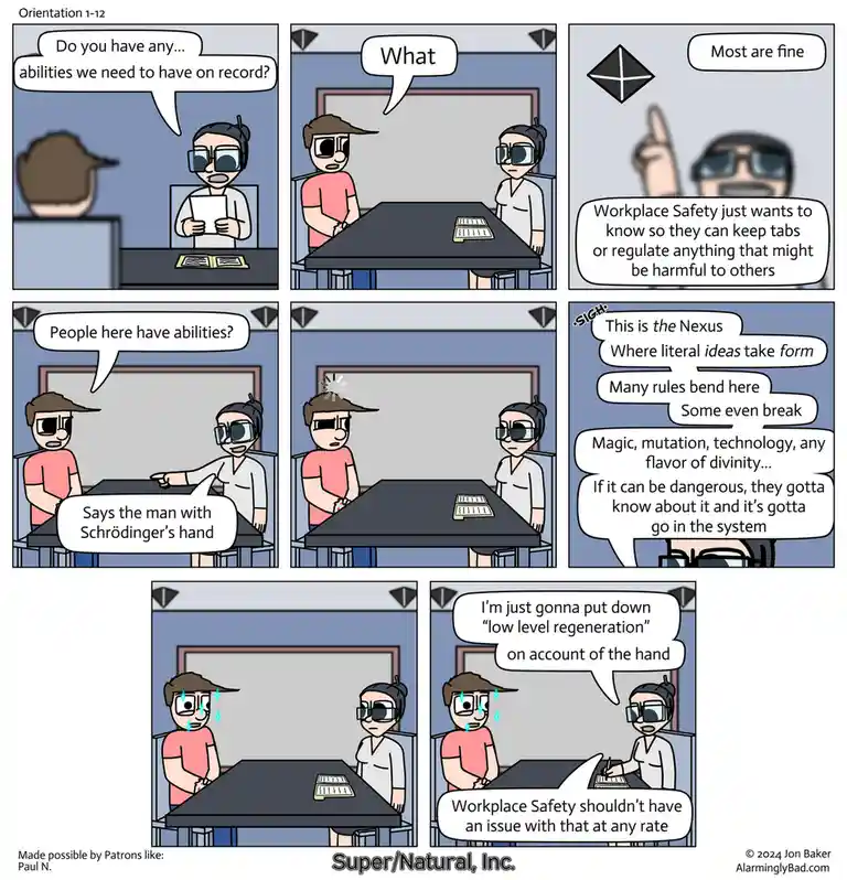 A six-panel comic strip depicts a workplace orientation where an employee is asked to list any abilities. The employee…