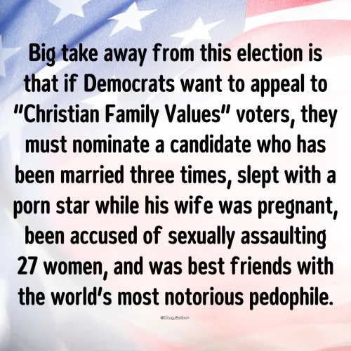 The image displays a block of black text overlaid on a blurred American flag background. The text is a satirical political…