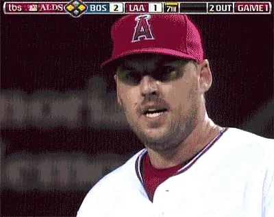 A six-panel image shows a baseball player in a red cap and white uniform with a scoreboard reading 'ALDS BOS 2 LAA 1 7th 2…