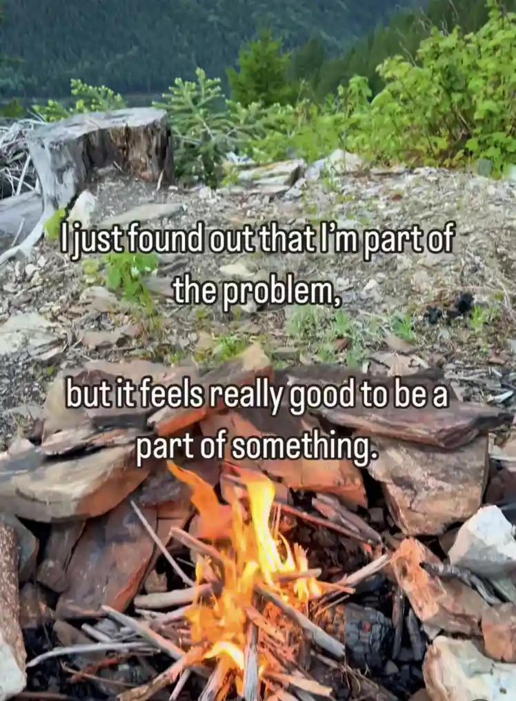 An outdoor image shows a campfire burning in a stone fire pit surrounded by forest and a tree stump. Overlaid white text…