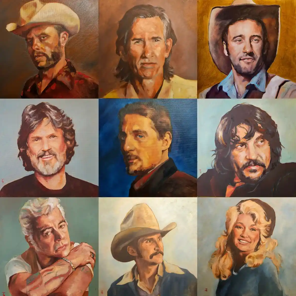 A collage of nine oil paintings, each depicting a different person in a portrait style. The paintings show men and women…