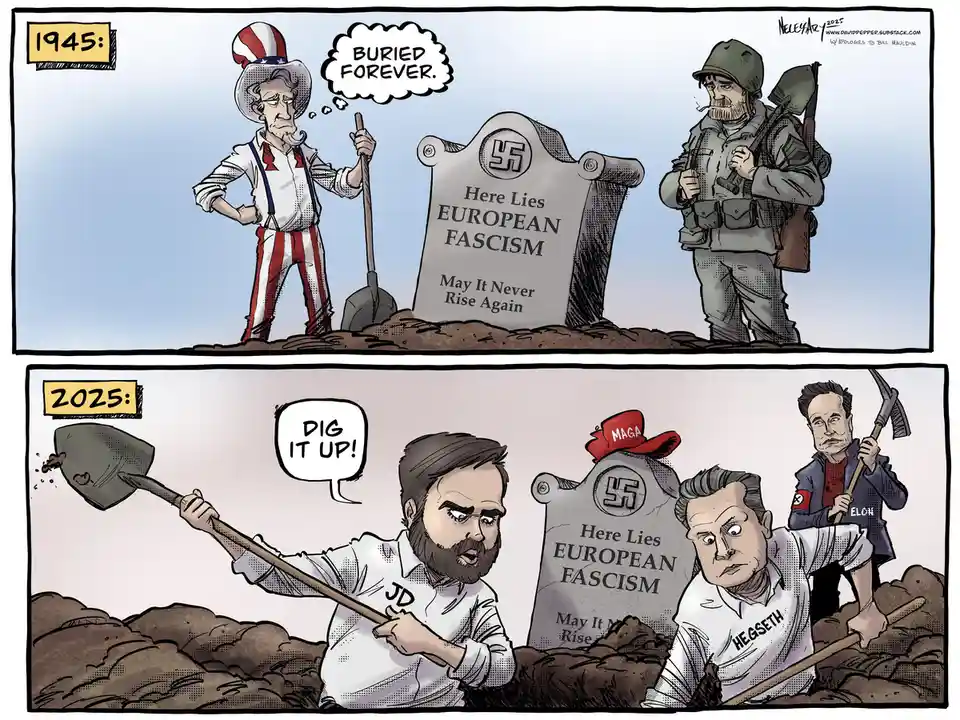 A two-panel political cartoon shows 1945 with Uncle Sam and a soldier standing beside a gravestone reading 'Here Lies…