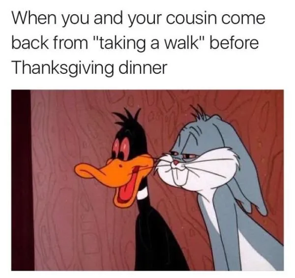 The image shows two cartoon characters, Daffy Duck with a wide, excited grin and Bugs Bunny looking at him with a skeptical…