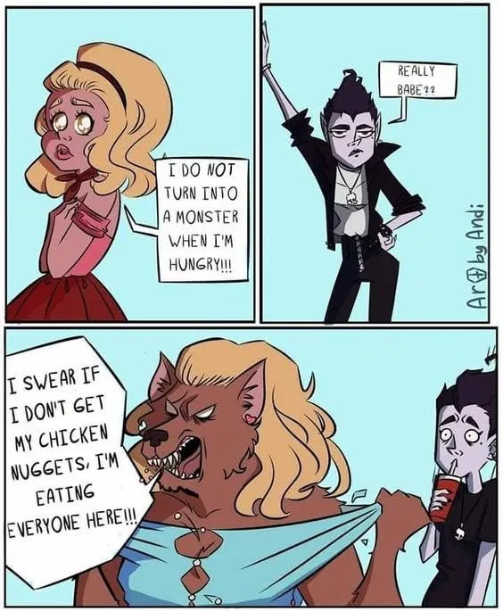 A three-panel comic strip shows a blonde woman declaring she doesn't turn into a monster when hungry, her partner…