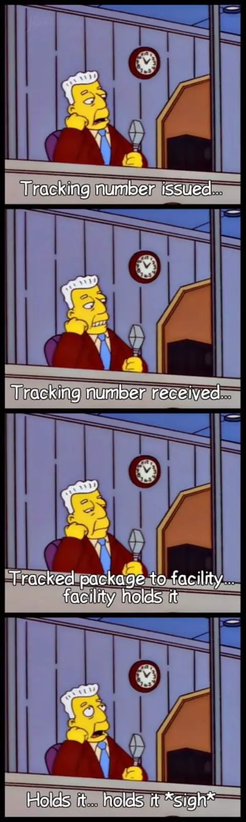 A four-panel meme featuring the Simpsons character Krusty the Clown in a news studio, holding a microphone. Each panel shows…