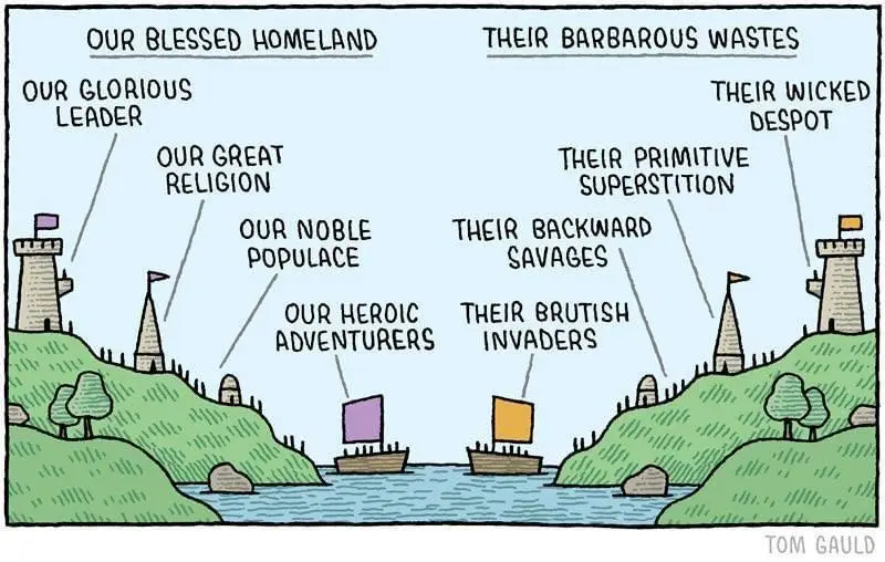 A cartoon depicts two opposing shores separated by water, each labeled with contrasting positive and negative descriptors…