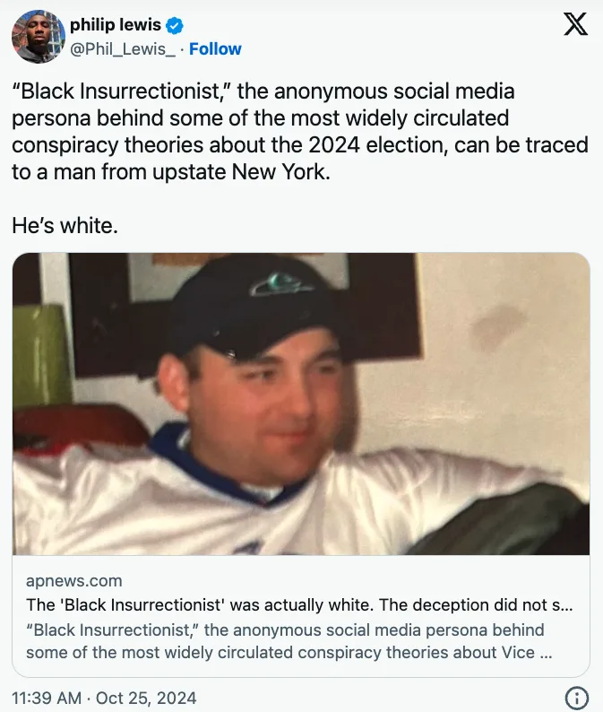 A screenshot of a tweet by Philip Lewis shows a photo of a white man wearing a black baseball cap and a white jersey, with…