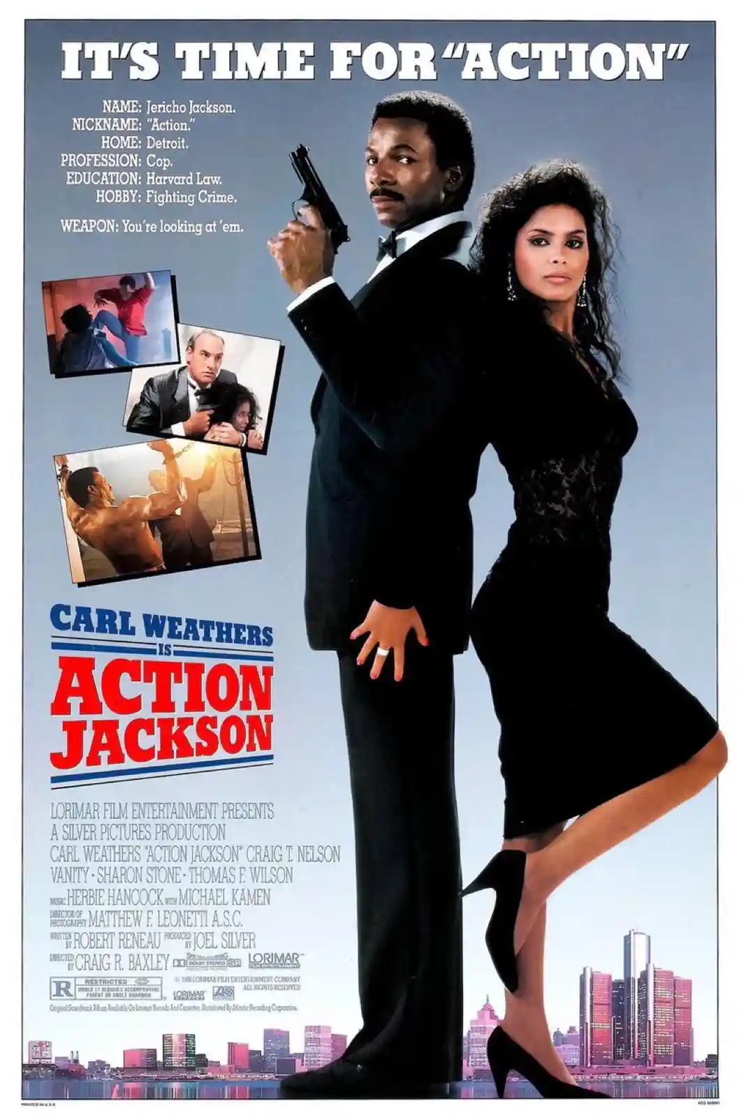 A movie poster for 'Action Jackson' featuring actor Carl Weathers holding a gun, standing beside a woman in a black dress…