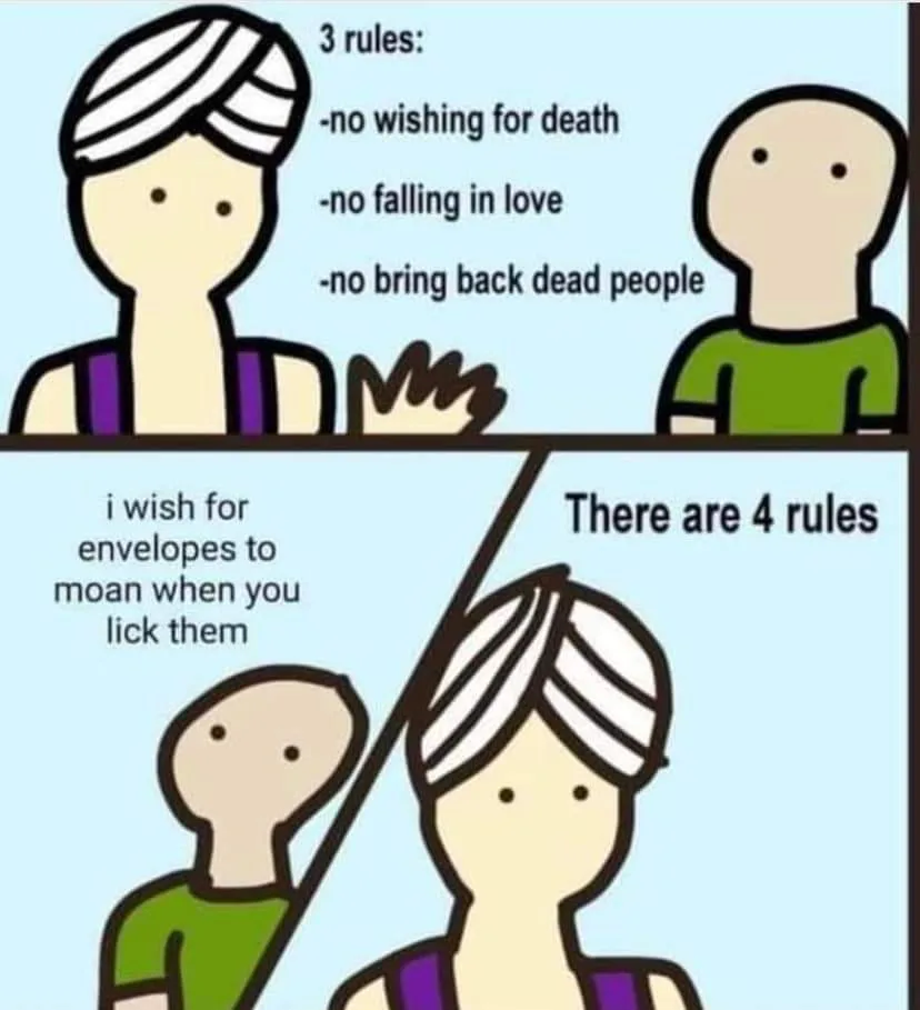 A two-panel cartoon meme. In the top panel, a person with a head wrap lists three rules: no wishing for death, no falling in…