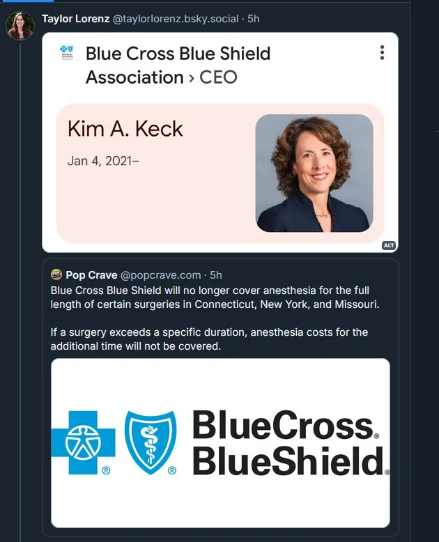 A screenshot of a social media post showing Blue Cross Blue Shield's CEO, Kim A. Keck, with a news article below stating the…