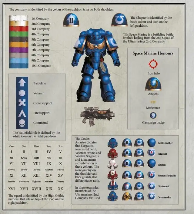 An infographic detailing Space Marine armor identification, showing a blue-armored Space Marine with Roman numerals 'II' on…