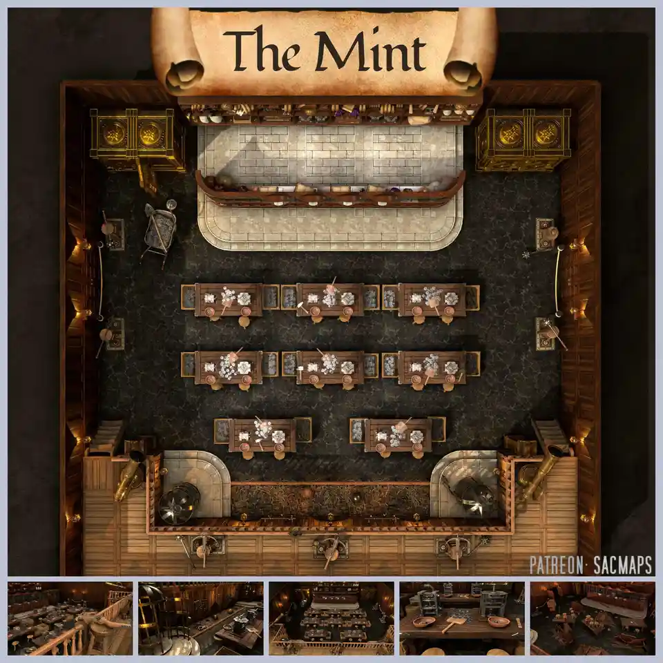 An overhead view of a detailed, fantasy-style mint workshop labeled 'The Mint' on a scroll banner. The room contains…