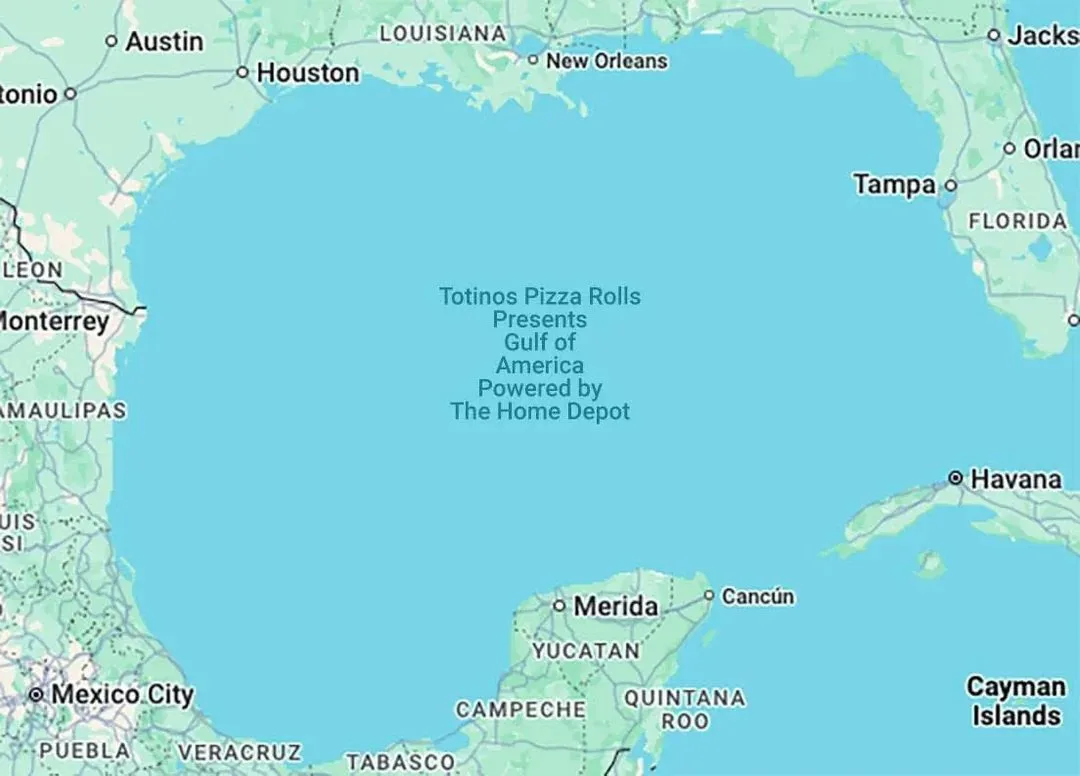 A map of the Gulf of Mexico with overlaid text that humorously rebrands the body of water as the 'Gulf of America,'…
