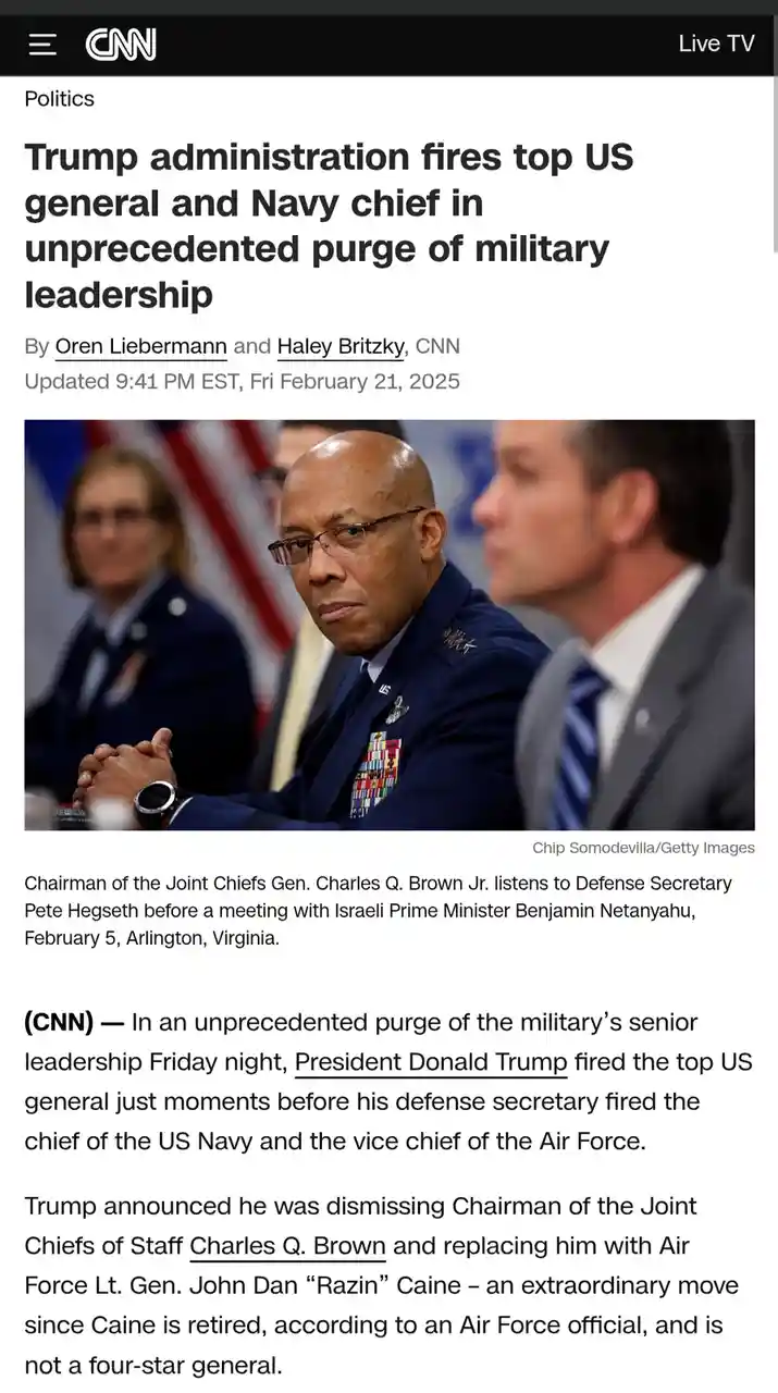A screenshot of a CNN news article from February 21, 2025, featuring a photo of Gen. Charles Q. Brown Jr. in military…