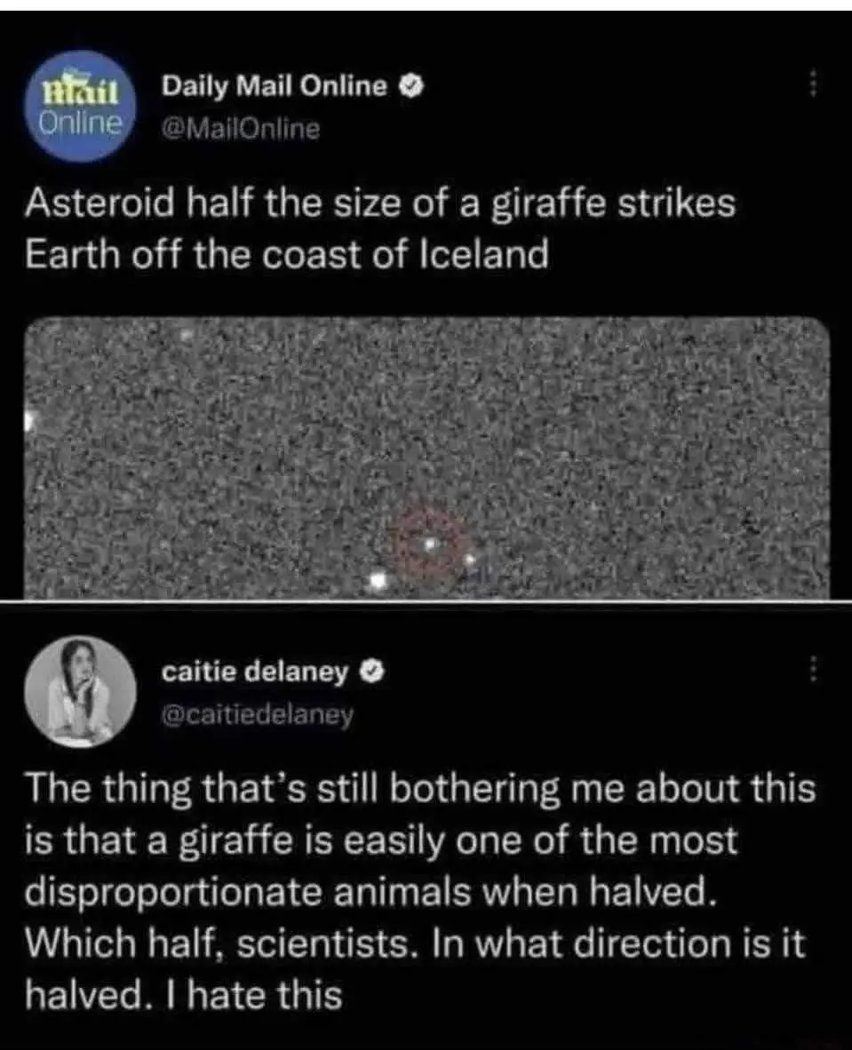A screenshot of a tweet from Daily Mail Online claiming an asteroid 'half the size of a giraffe' struck Earth off Iceland…