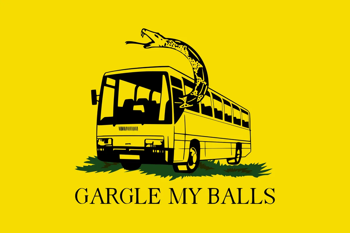 A yellow background features a black outline of a bus with a snake coiled around its roof and front, its head raised and…