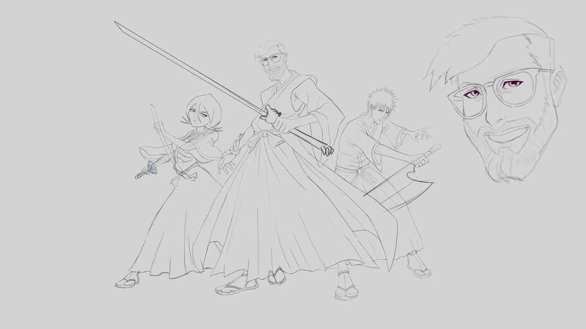 A grayscale line art sketch shows three anime-style warriors in traditional robes wielding swords, with a large, detailed…