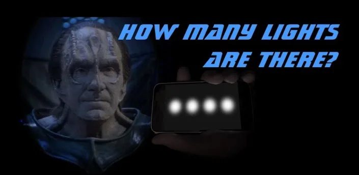 A man with a scarred, serious face holds up a smartphone displaying four glowing white dots. Above the phone, blue text asks…