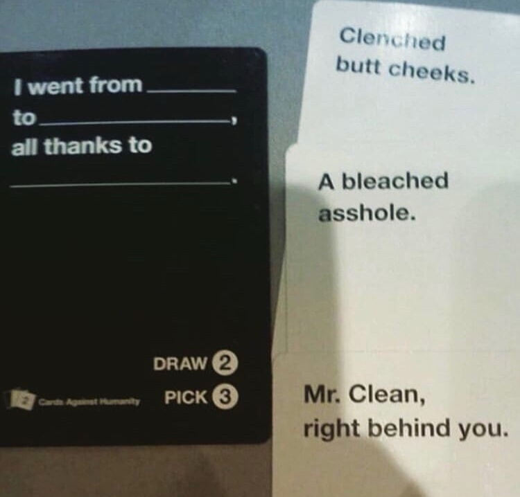 A 'Cards Against Humanity' black card with the prompt 'I went from ______ to ______ all thanks to ______' is shown next to…